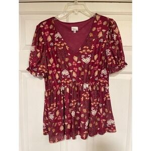 Med Maroon Floral Top Puff Sleeve V-Neck Fitted‎ Waist NWOT Madison & Berkeley